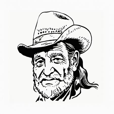 00095-vintage clipart drawing of (Willie Nelson_1.2) with a beard wearing (dark sunglasses_1.2) and a trucker hat, black and white, in.png